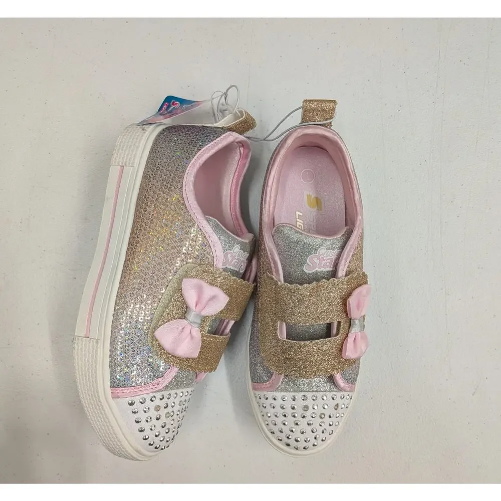 Crystal Stars Girls Glitter Sneakers Pink Gold Rhinestone Hook & Loop Shoes Siz1
